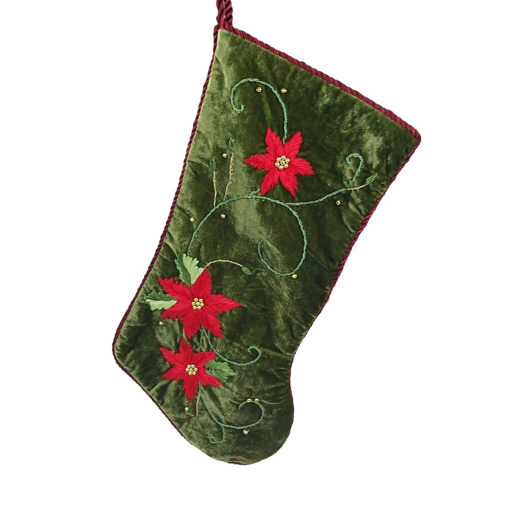 Green Velvet Elegant Poinsettia Red Satin and gold trim Christmas Stocking 18"